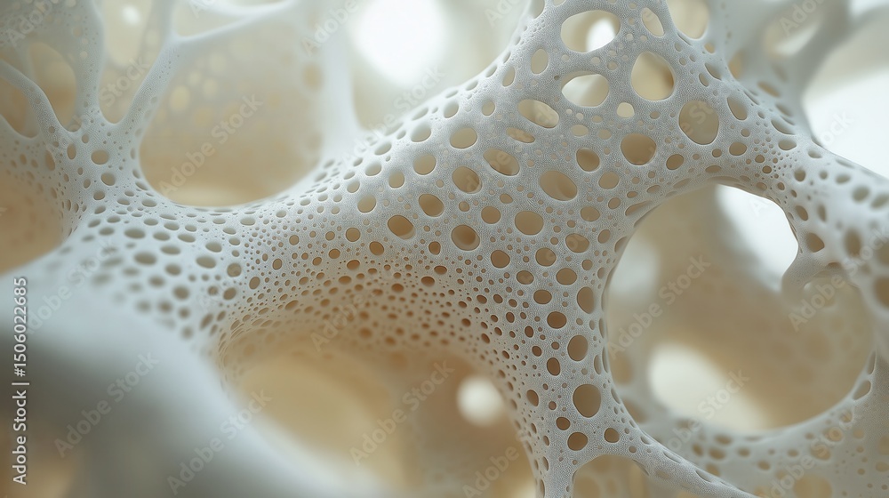 Poster close-up 3d abstraction of a porous organic structure with intricate, lace-like networks, resembling