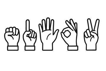 Minimalist Hand Gesture Vector Style Icons Set in Line Art Style, Fist, One, Open Palm, OK, Peace