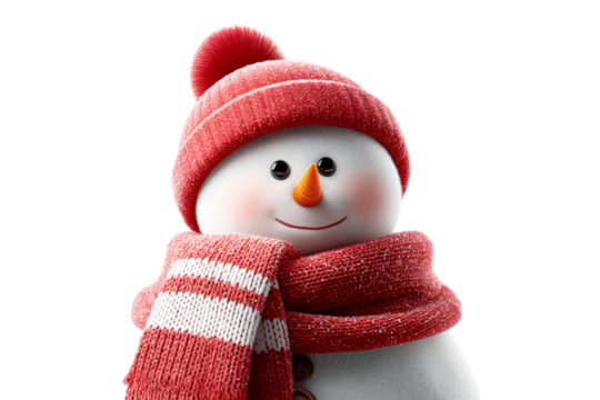 Snowman wearing a red hat and scarf with a cheerful expression