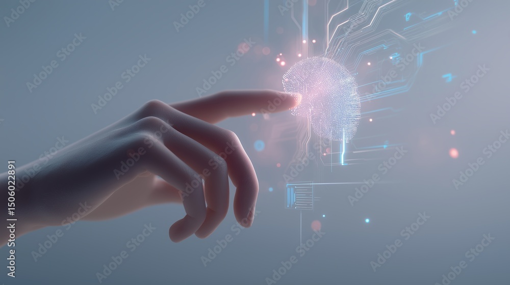 Poster futuristic human hand interacting with glowing digital interface, concept of artificial intelligence