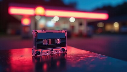 Retro cassette tape with neon lighting in a futuristic urban night setting, featuring vibrant colors and bokeh effects