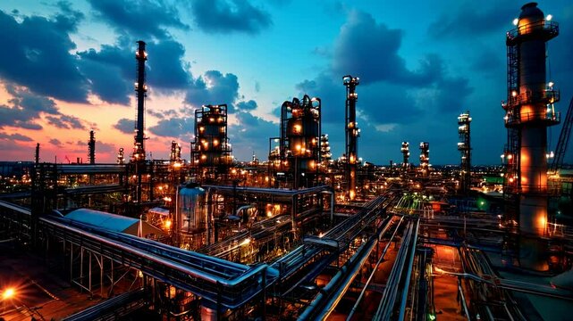 Oil and gas refinery plant or petrochemical industry, aerial view of factory after sunset. Scene of chemical petroleum industrial buildings and sky. Concept of power, steel, facility.
