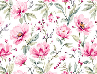 Seamless pattern with pink flowers, watercolor background pattern pink flowers on white background
