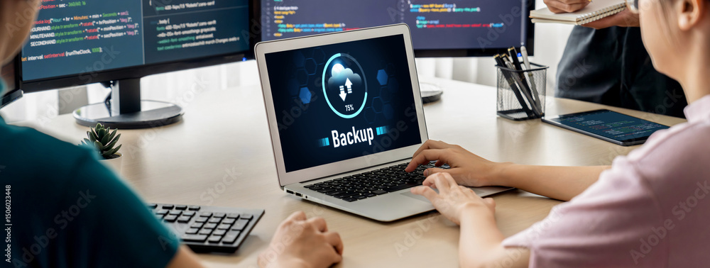 Poster backup storage data internet technology business concept. database storage cloud technology file dat