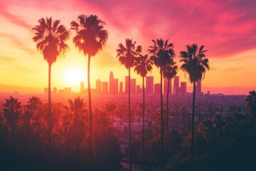 Obraz premium City Sunset with Palm Trees