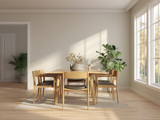 Fototapeta premium Modern interior home design featuring a luxurious living and dining room with a fireplace, stylish furniture, and wooden floor decor