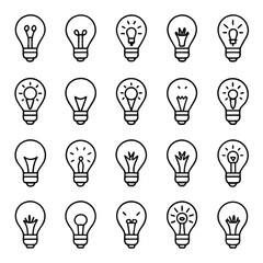 Fototapeta premium Collection of Light Bulb Icons in Outline Style Representing Ideas Innovation and Solutions for Creative Projects and Design Elements on White Background