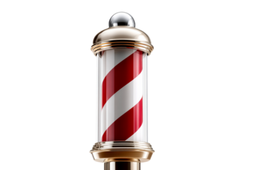 A vintage barber pole stands tall with red and white spiral stripes