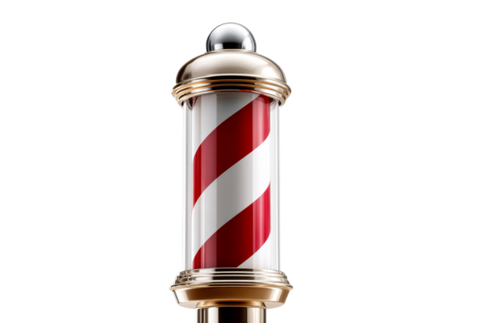 A vintage barber pole stands tall with red and white spiral stripes