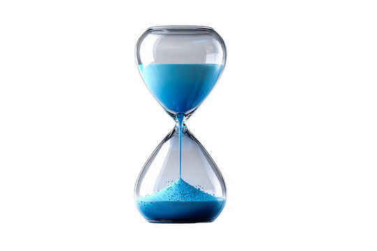 Colorful hourglass with blue sand on a clear background