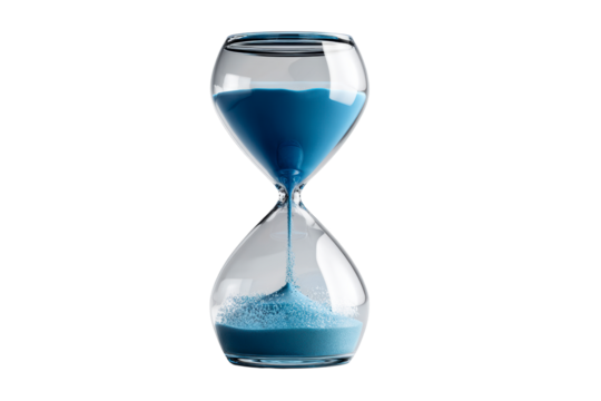 Elegant hourglass with blue sand on transparent background