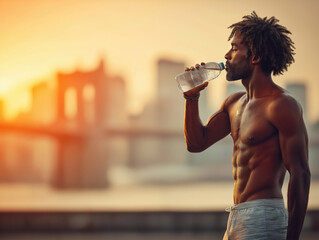 Mann nach dem Sport. Wasser trinken