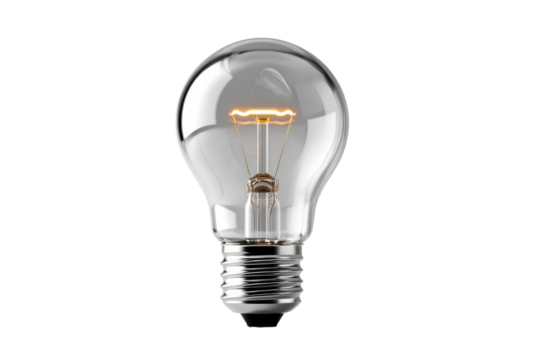 Classic light bulb with glowing filament on transparent background