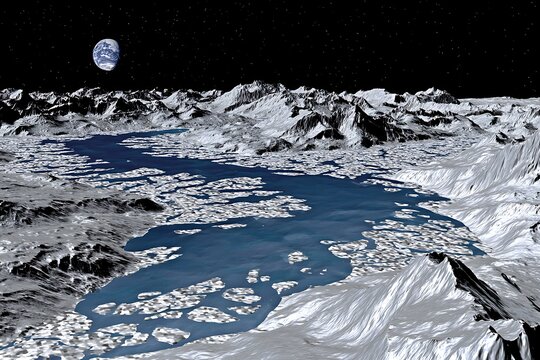 Alien landscape with distant Earth view