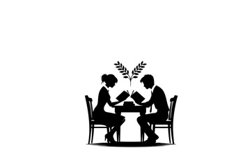 Man and woman reading books at table silhouette 