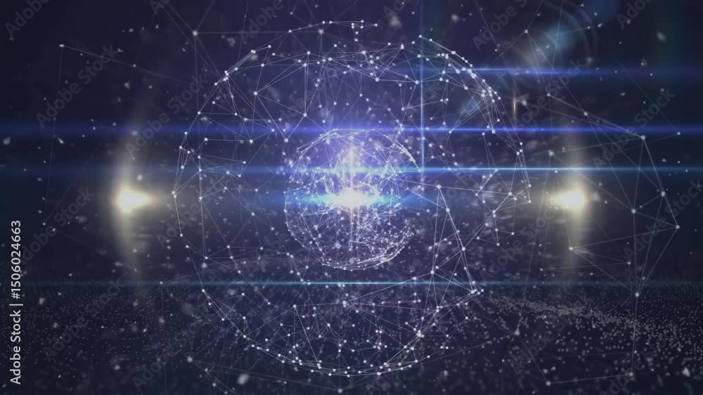 Poster faint glowing points forming wireframe sphere, flares sweeping, sphere rotating visualizing network