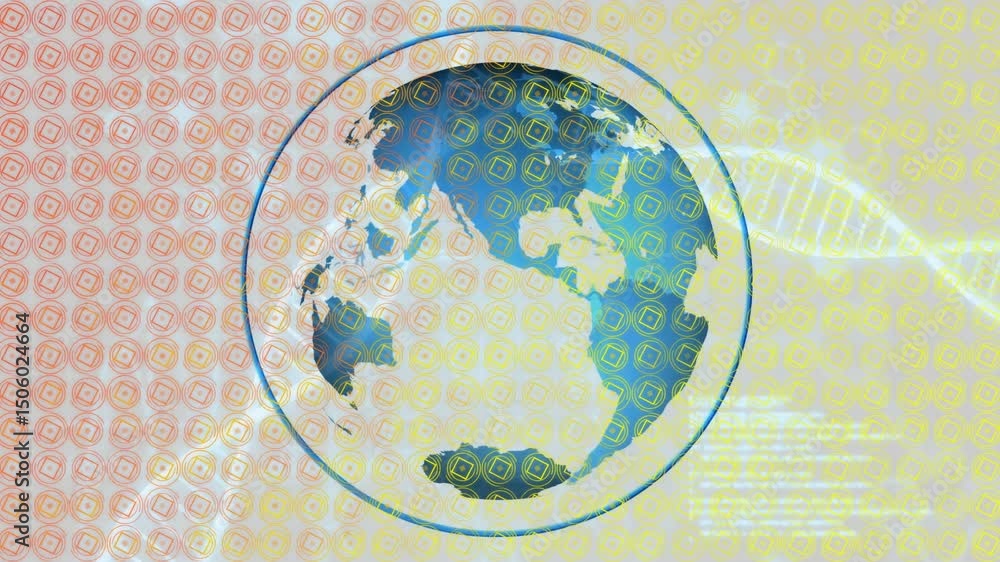 Poster starting globe rotating, red and yellow grids drifting, helix undulating, representing global data