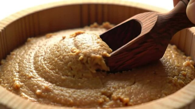 Artisanal Miso Paste Preparation With Wooden Ladle In Wooden Tub