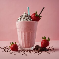 Aesthetic flat-lay of a strawberry milkshake on a pastel pink background with chocolate sprinkles scattered around.