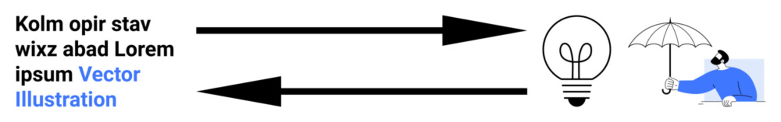 Obraz premium Two arrows indicate directional flow between text, a lightbulb symbolizing ideas, and a person shielding under an umbrella. Ideal for energy flow, innovation, teamwork, protection, brainstorming