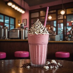 Pink milkshake with a striped straw, whipped topping, and chocolate shavings in a 1950s-style café.