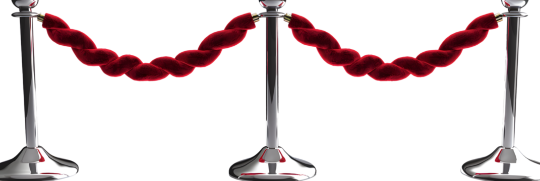 Classic red velvet ropes with metallic stanchions, ideal for elegant event setups.