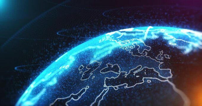 Luminous earth with particles and lines moving around it on blue. Connection and technology concept. I made this video with 3d program, using its 3d animation features. Seamless looping 4k