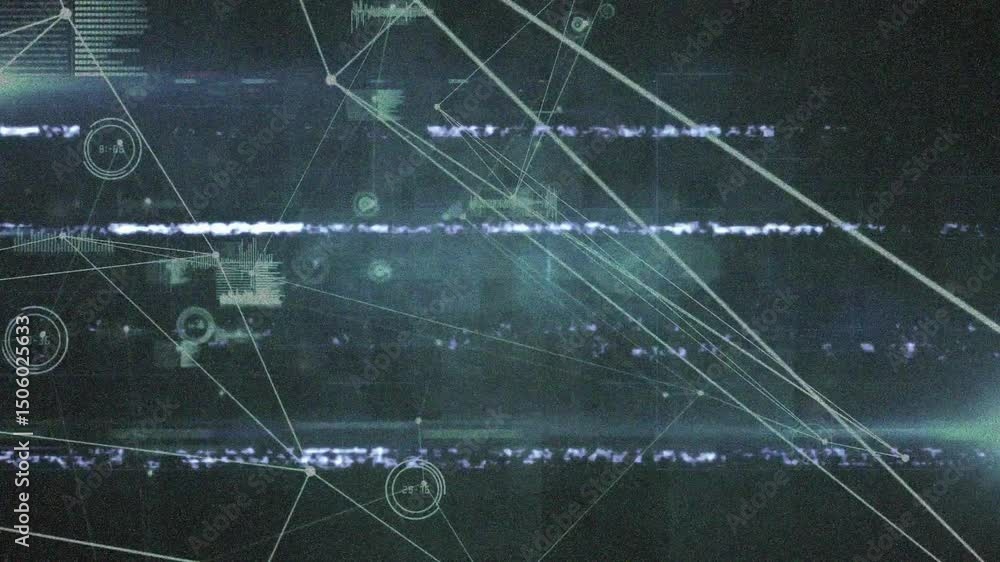 Poster receiving glitch signal initiating overlay, pulsing bands extending nodes, stabilizing data grid