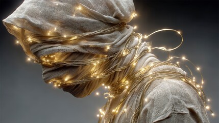A figure wrapped in cloth and glowing string lights, creating a mysterious and artistic silhouette against a dark background.