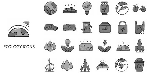 Ecology simple concept 24 hand drawn Grew color icons set .Vector illustration.