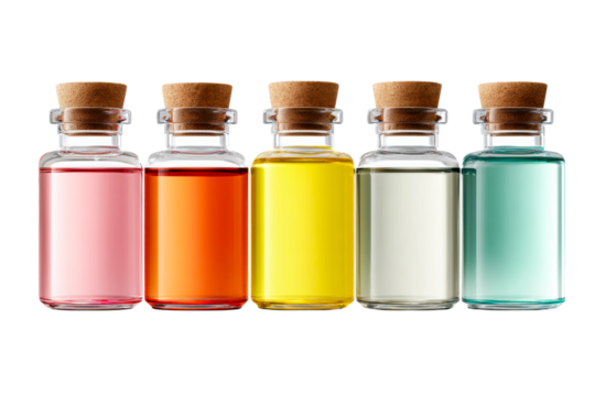 Colorful glass bottles with cork stoppers arranged in a row