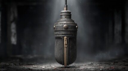 A vintage-style microphone hangs under a spotlight in a dark, atmospheric setting, creating a dramatic and nostalgic mood.