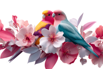 Colorful birds perched among pink flowers on a transparent background