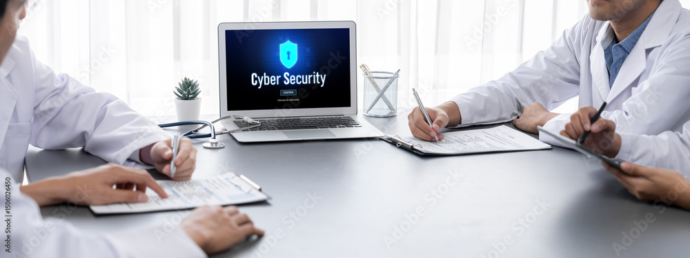 Poster cyber security system on computer screen protect private information brisk from hacker and cyber att