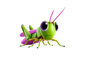 Colorful cartoon grasshopper with large eyes on transparent background