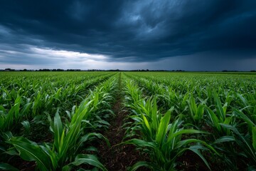 Obraz premium Dark storm clouds gathering over lush green corn field