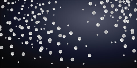 Black Background with Falling Silver Glitter Confetti, Sparkling Dust Trails, and Snow Border Effect. Realistic Snowfall and Glitter Explosion with Silver Dust Highlights on Black Vector Background