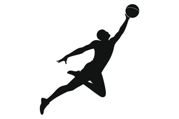 basketball player,silhouette,dynamic pose,dunking,suspended in air,black and white,minimalist,vector art
