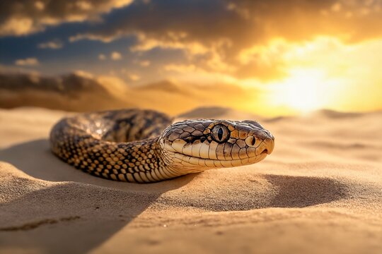Snake in desert at sunset — dramatic wild reptile on sand under sun