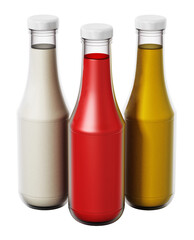 Ketchup, mayonnaise and mustard on transparent background. 3D illustration