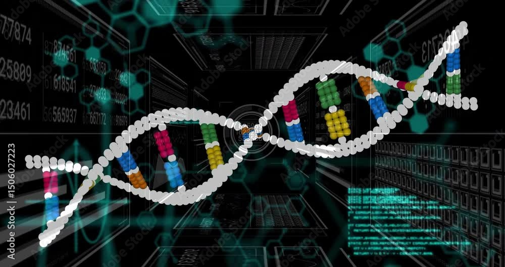 Poster white-beaded dna helix entering left initiating mapping rotating through code and pulsing interface