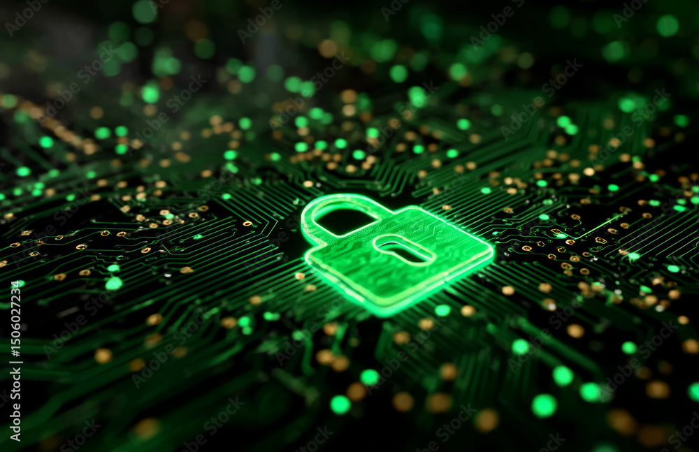 Poster 3d rendering of a green lock icon on a circuit board background
