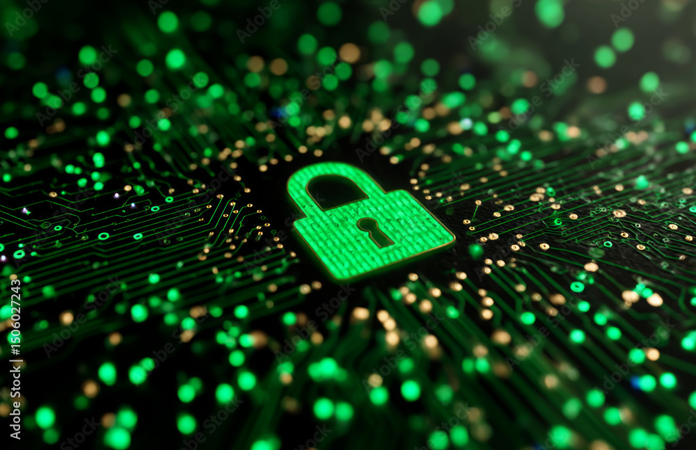Poster 3d rendering of a green lock icon on a circuit board background