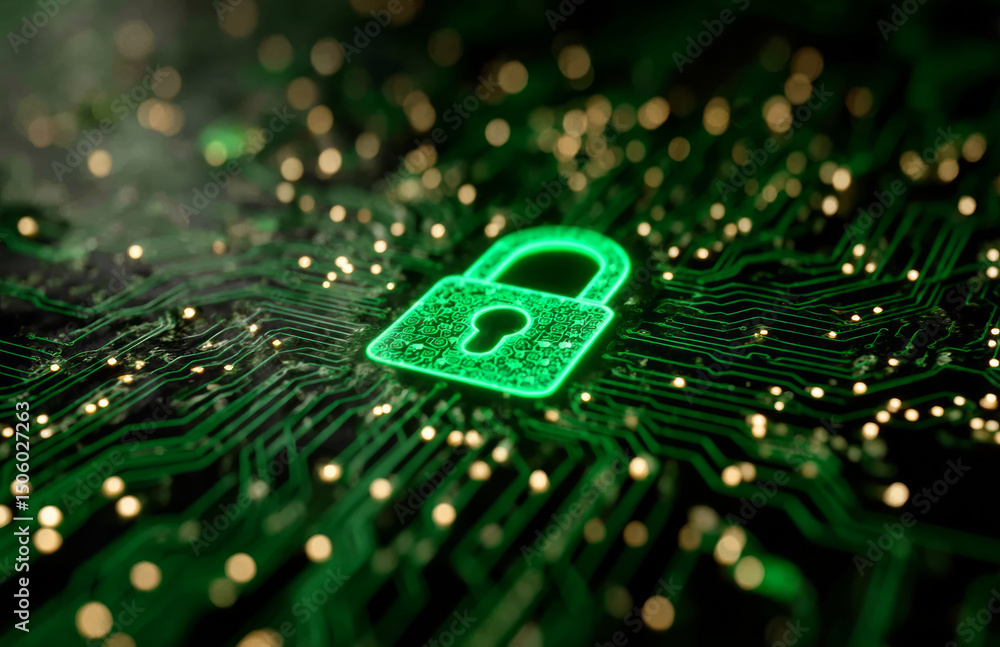 Poster 3d rendering of a green lock icon on a circuit board background