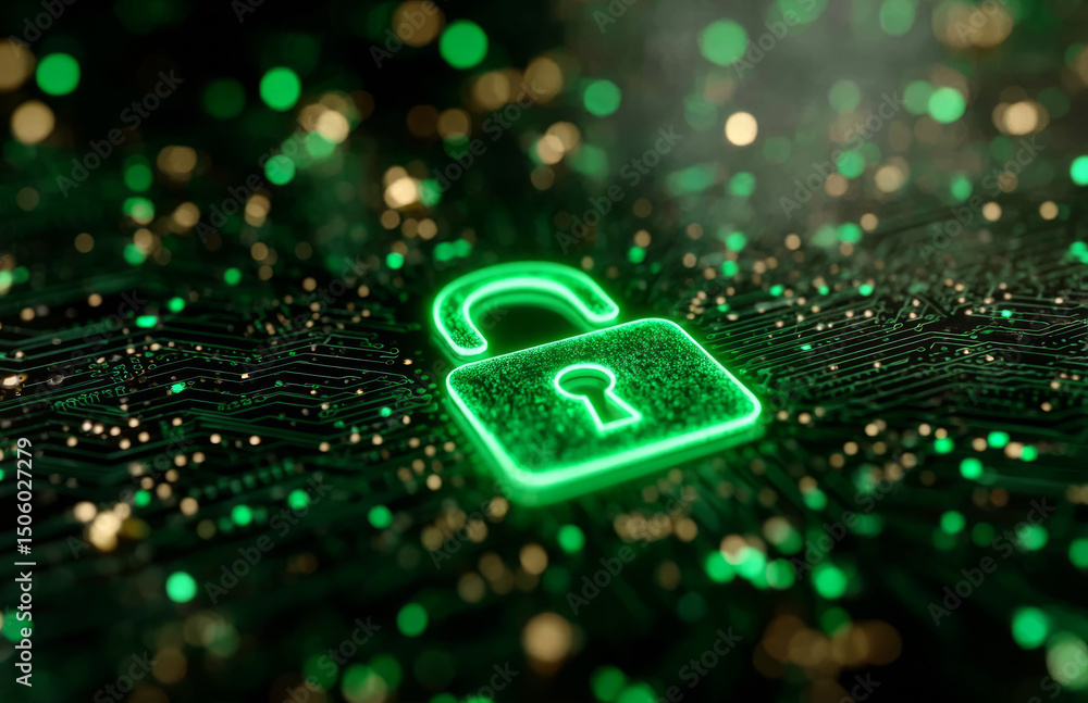 Poster 3d rendering of a green lock icon on a circuit board background