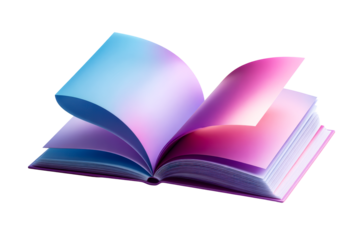 Colorful open book with flowing pages on transparent background