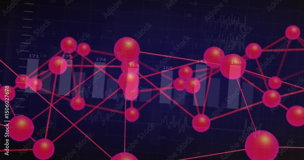 Poster red sphere network emerging and rotating to show data growth with bar chart and waveform traces
