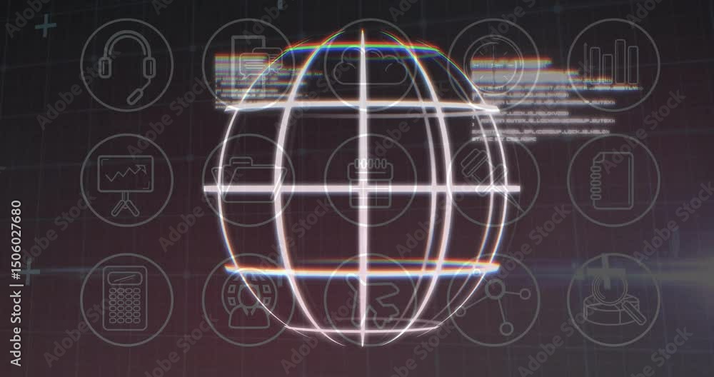 Poster upon start, wireframe globe forming, icons pulsing, scrolling code glitching, showing data flow