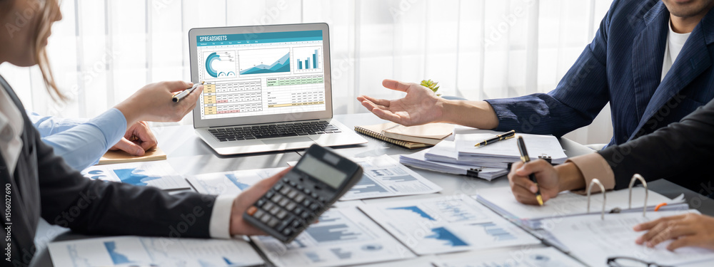 Poster business intelligence and data analysis concept. analyst team working on financial data analysis das