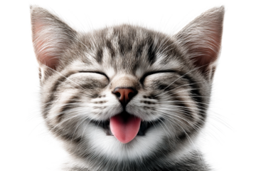 Happy gray tabby cat with a joyful expression and playful demeanor